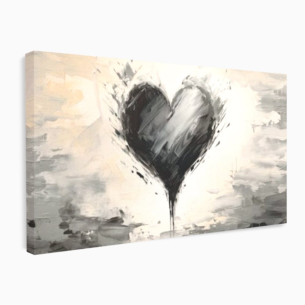 Tablou canvas cu tablou abstract cu inima neagra, fara rama, pe sasiu de lemn