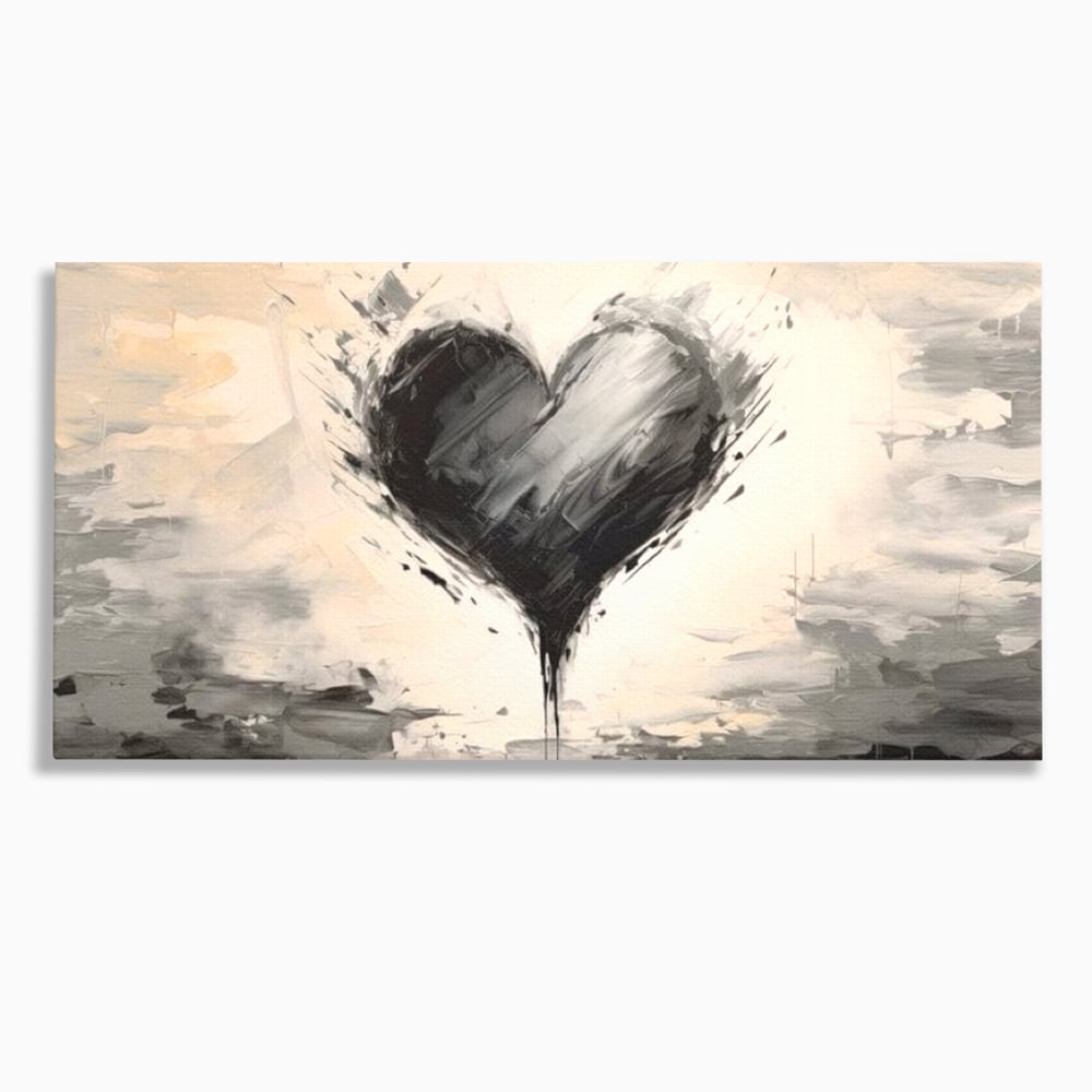Tablou canvas cu tablou abstract cu inima neagra, fara rama, pe sasiu de lemn