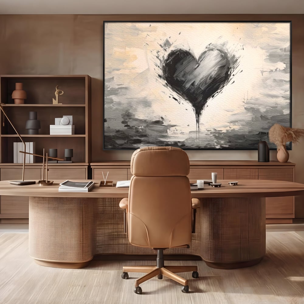 Tablou canvas cu tablou abstract cu inima neagra, in rama de aluminiu negru, pe perete intr-un birou