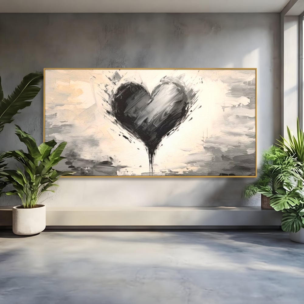 Tablou canvas cu tablou abstract cu inima neagra, in rama de aluminiu auriu
