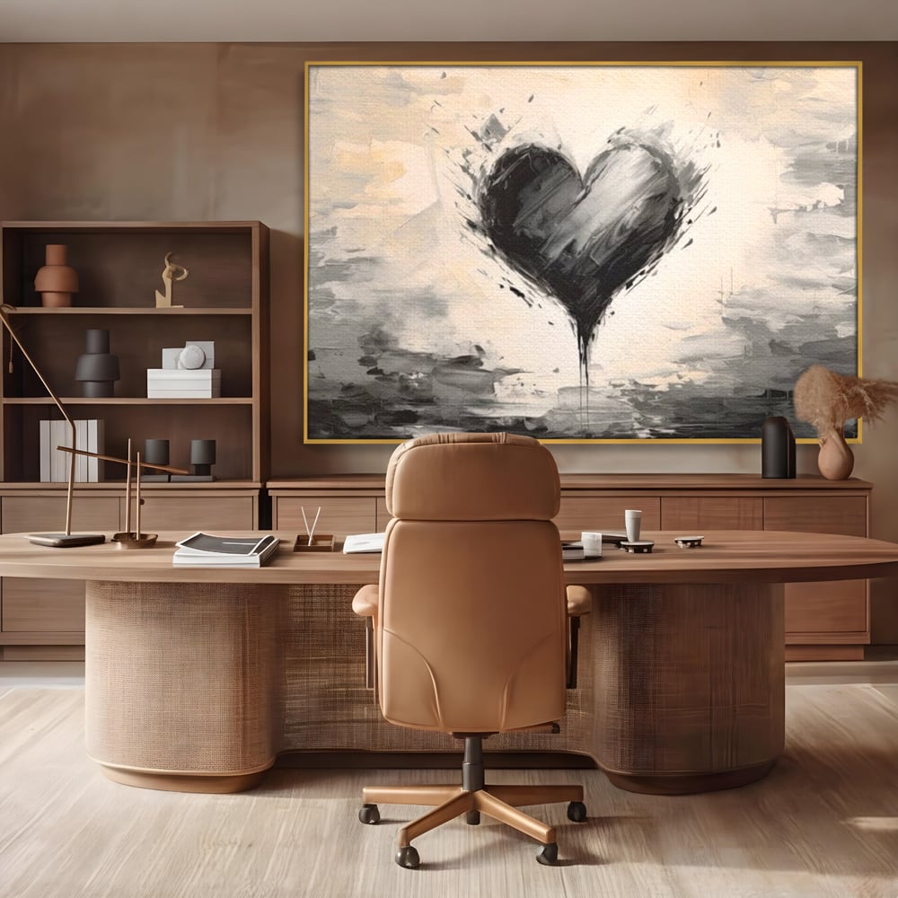 Tablou canvas cu tablou abstract cu inima neagra, in rama de aluminiu auriu, pe perete intr-un birou