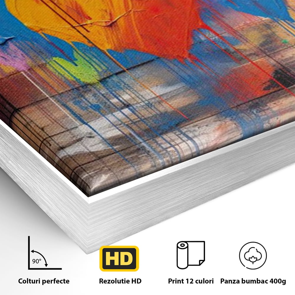 Detaliu al suprafetei: tablou cu inimi colorate pe scanduri, in rama de aluminiu argintiu