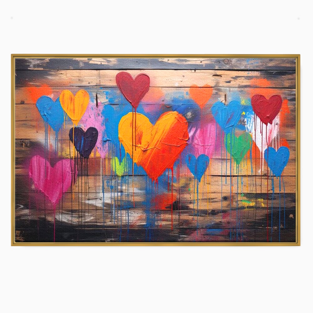 Tablou canvas cu tablou cu inimi colorate pe scanduri, in rama de aluminiu auriu