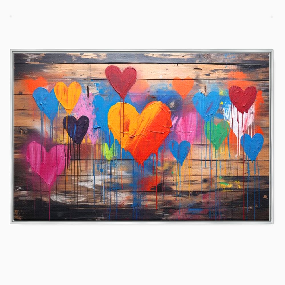 Tablou canvas cu tablou cu inimi colorate pe scanduri, in rama de aluminiu argintiu