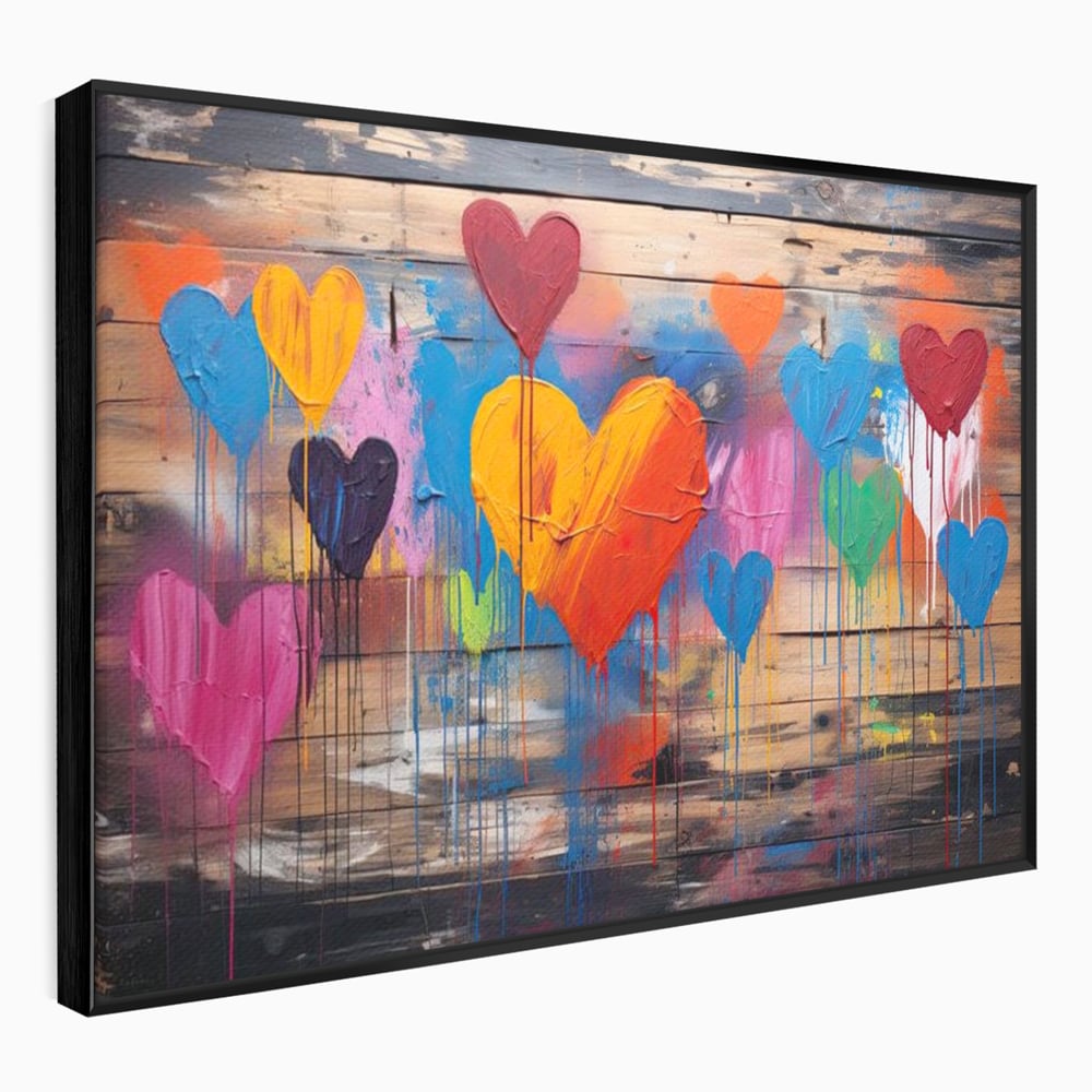 Tablou canvas cu tablou cu inimi colorate pe scanduri, in rama de aluminiu negru