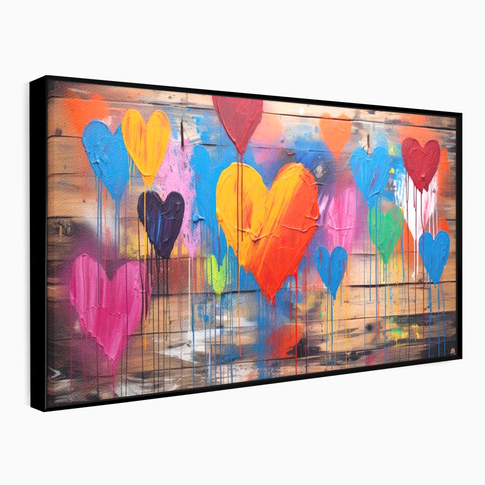 Tablou canvas cu tablou cu inimi colorate pe scanduri, in rama de aluminiu negru