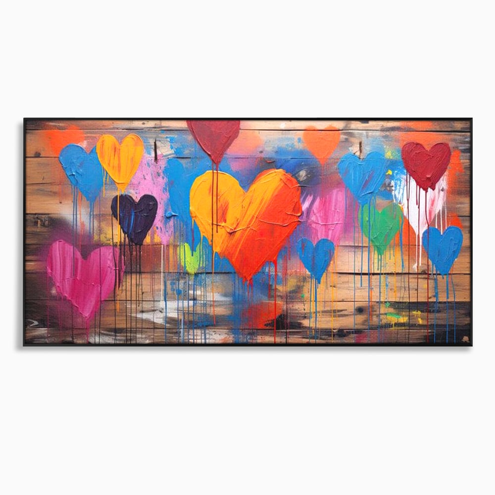 Tablou canvas cu tablou cu inimi colorate pe scanduri, in rama de aluminiu negru