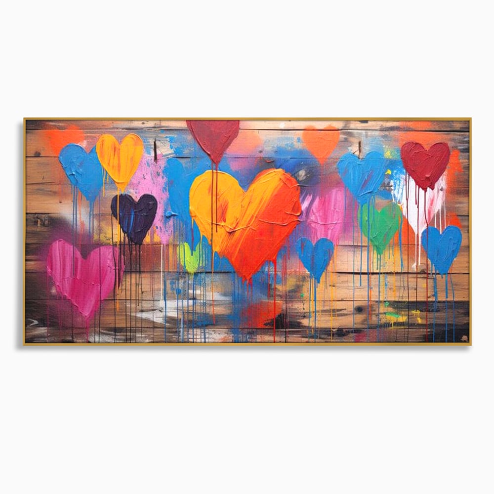 Tablou canvas cu tablou cu inimi colorate pe scanduri, in rama de aluminiu auriu