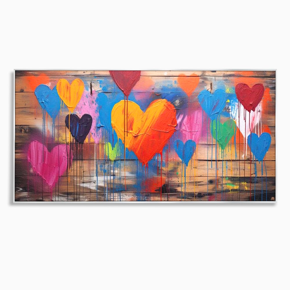 Tablou canvas cu tablou cu inimi colorate pe scanduri, in rama de aluminiu argintiu