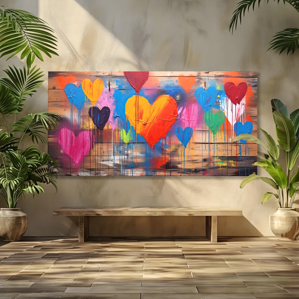 Tablou canvas cu tablou cu inimi colorate pe scanduri, fara rama, pe sasiu de lemn