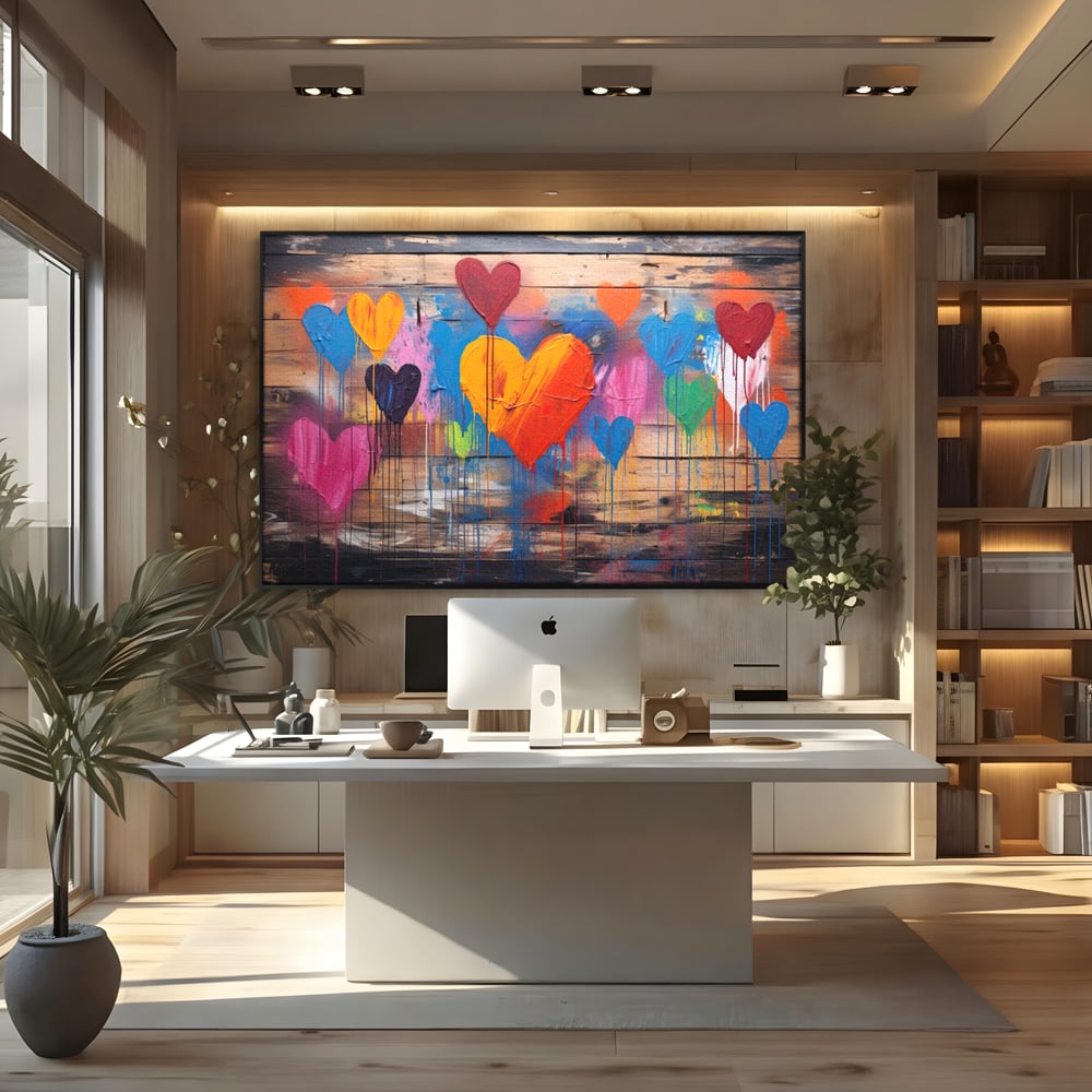 Tablou canvas cu tablou cu inimi colorate pe scanduri, in rama de aluminiu negru, pe perete intr-un birou