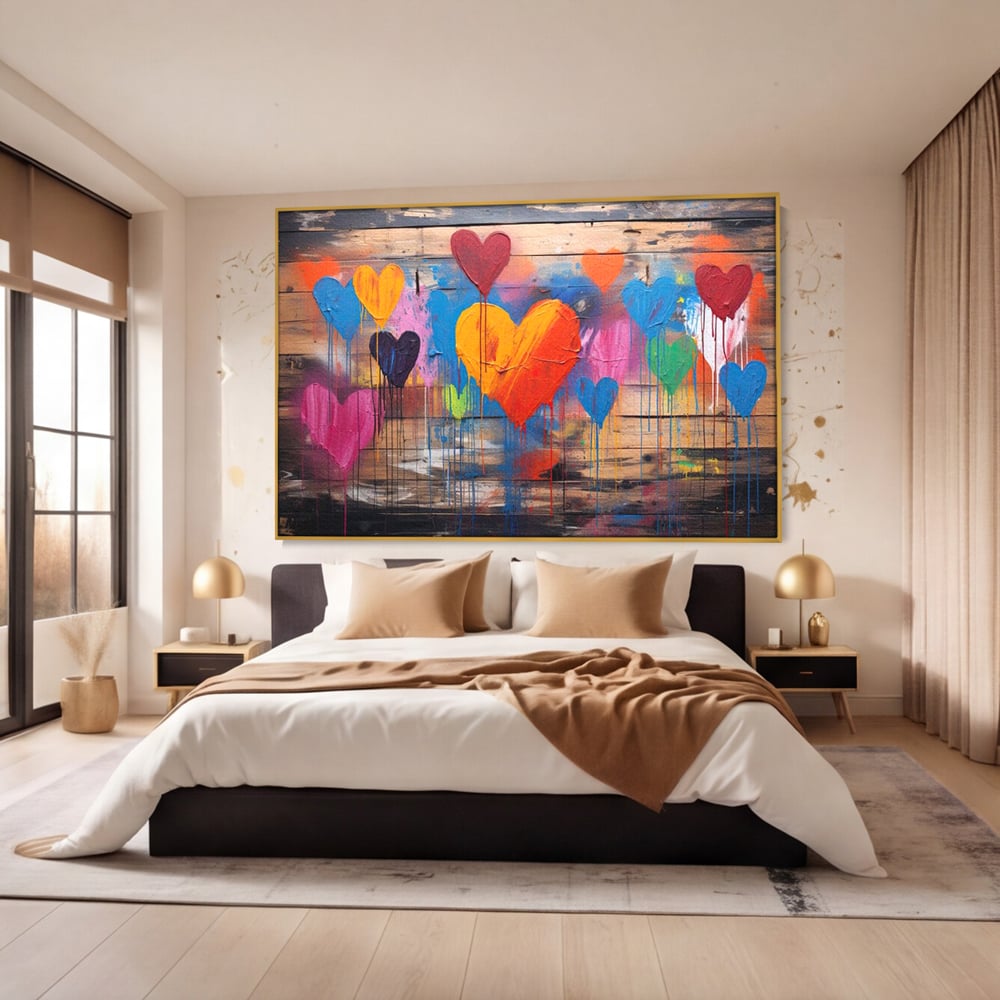Tablou canvas cu tablou cu inimi colorate pe scanduri, in rama de aluminiu auriu, pe perete intr-un dormitor