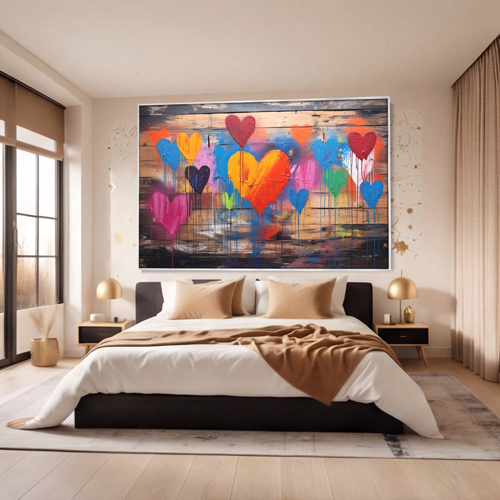 Tablou canvas cu tablou cu inimi colorate pe scanduri, in rama de aluminiu argintiu, pe perete intr-un dormitor