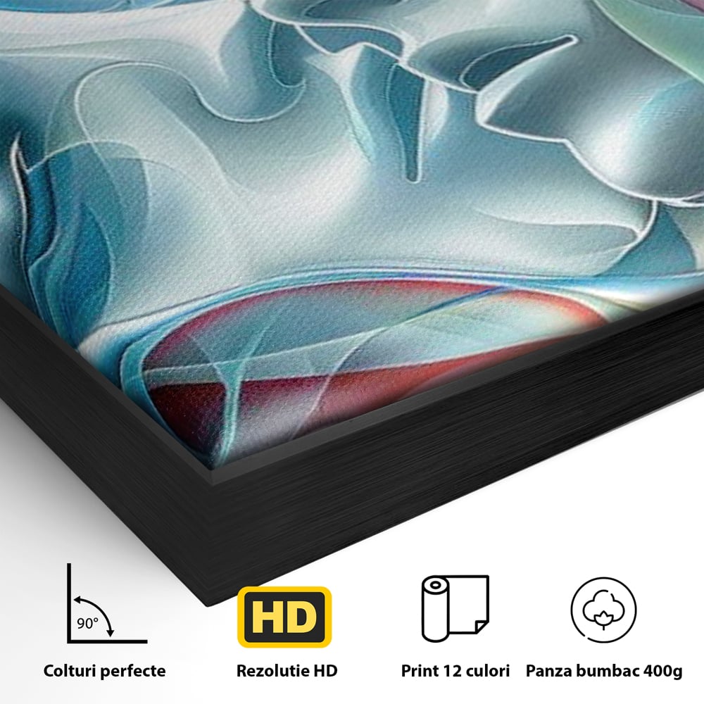 Detaliu al suprafetei: tablou canvas cu chipuri umane contopite, in rama de aluminiu negru