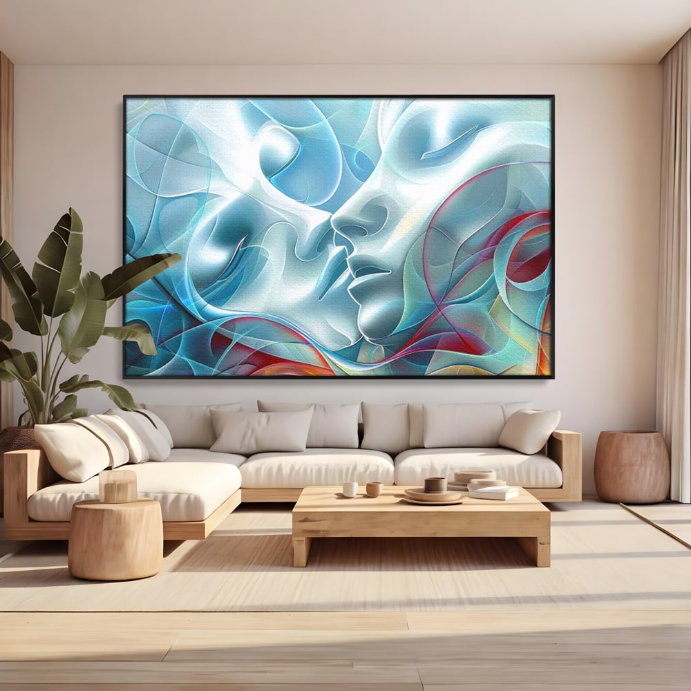 Tablou canvas cu tablou canvas cu chipuri umane contopite, in rama de aluminiu negru, pe perete intr-un living