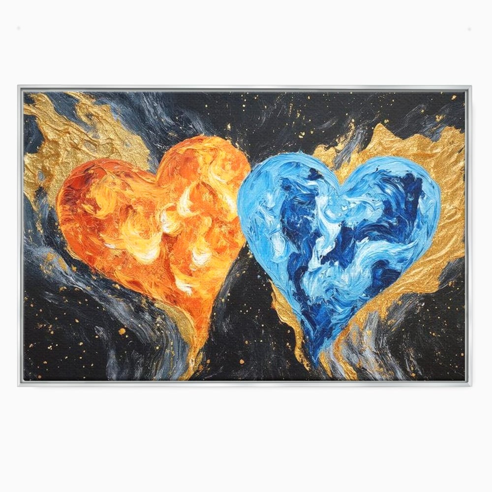 Tablou canvas cu pictura cu doua inimi simbolice, in rama de aluminiu argintiu