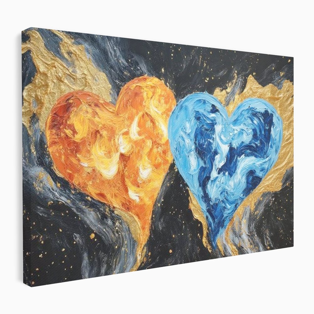 Tablou canvas cu pictura cu doua inimi simbolice, fara rama, pe sasiu de lemn