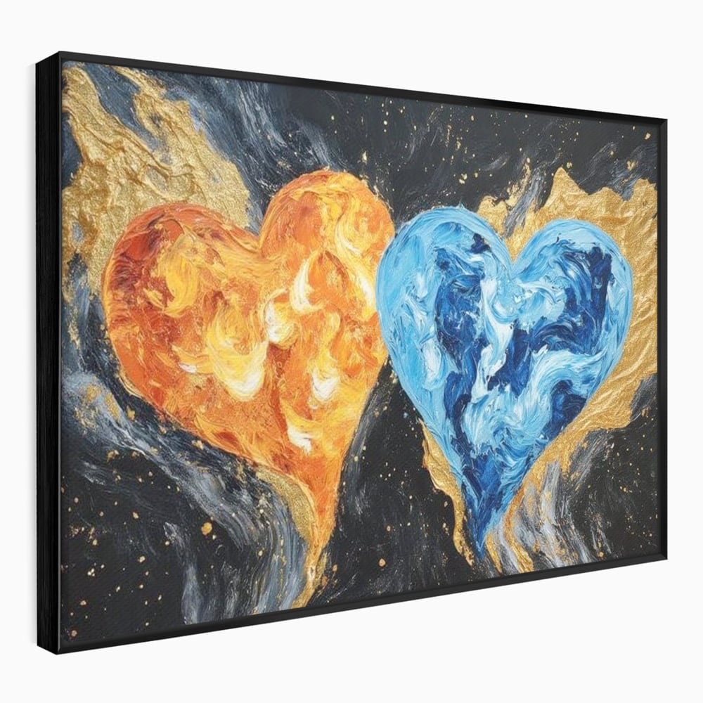 Tablou canvas cu pictura cu doua inimi simbolice, in rama de aluminiu negru