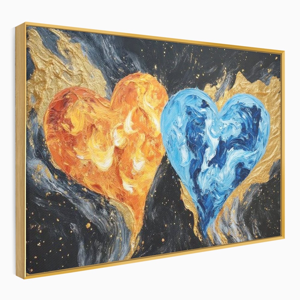 Tablou canvas cu pictura cu doua inimi simbolice, in rama de aluminiu auriu