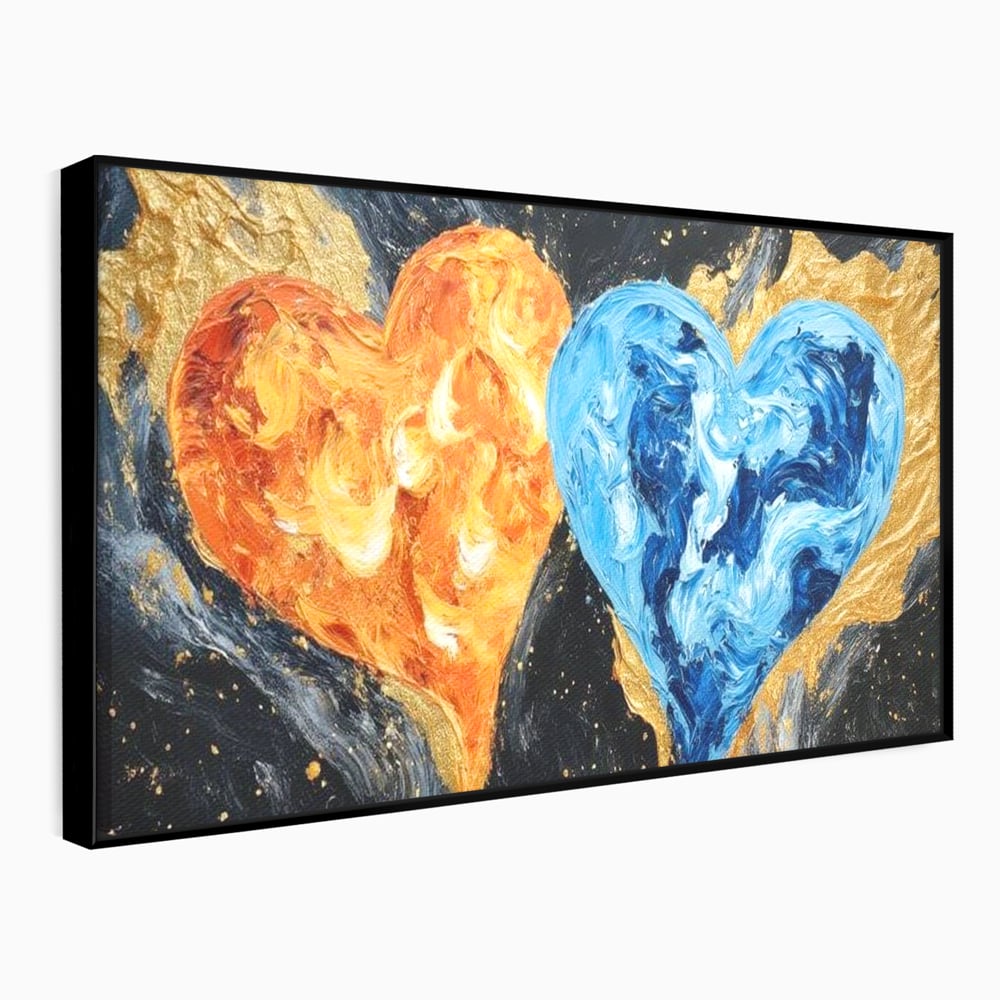 Tablou canvas cu pictura cu doua inimi simbolice, in rama de aluminiu negru