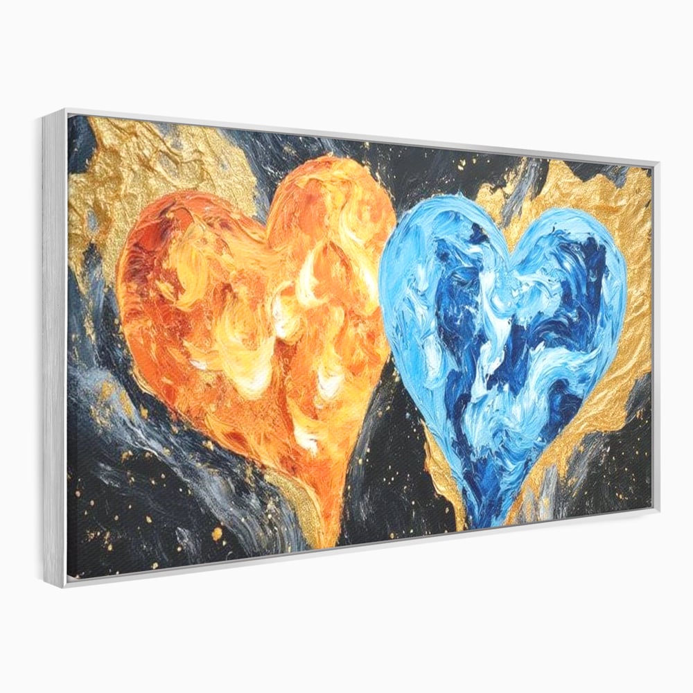 Tablou canvas cu pictura cu doua inimi simbolice, in rama de aluminiu argintiu