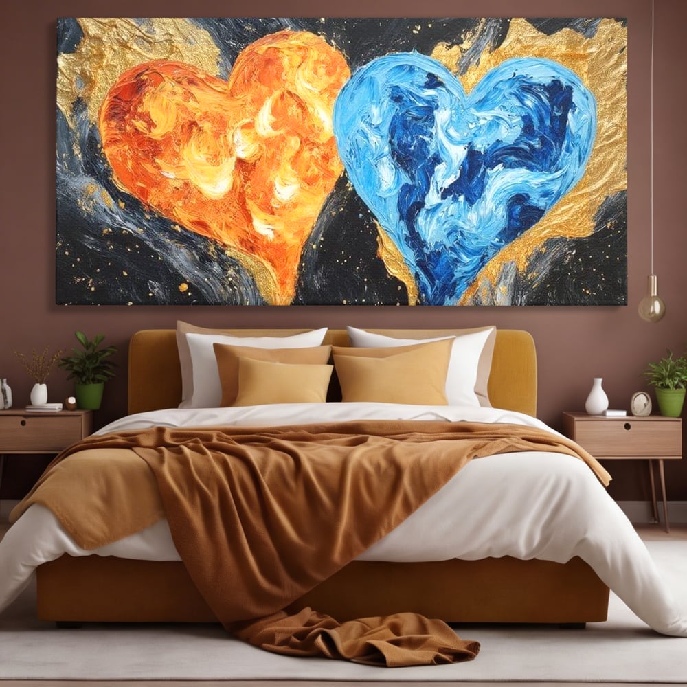 Tablou canvas cu pictura cu doua inimi simbolice, fara rama, pe sasiu de lemn, pe perete intr-un dormitor