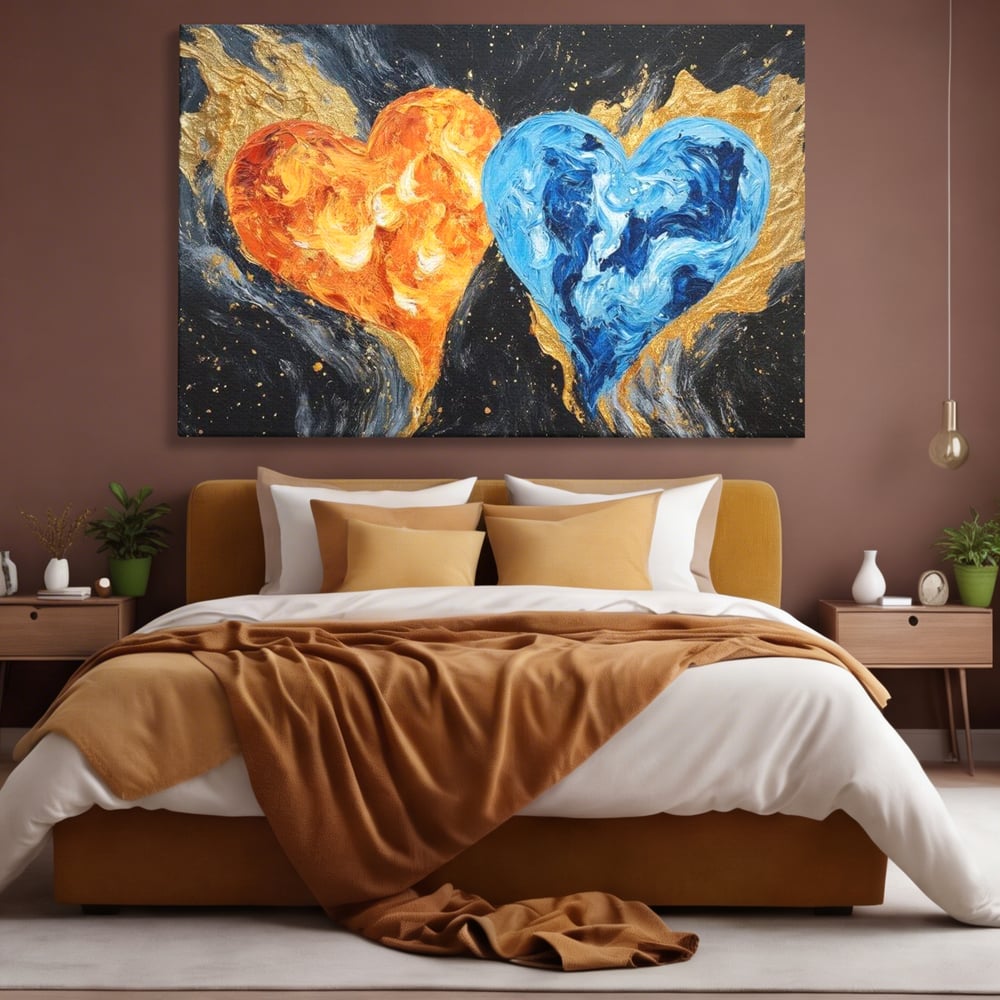 Tablou canvas cu pictura cu doua inimi simbolice, fara rama, pe sasiu de lemn, pe perete intr-un dormitor