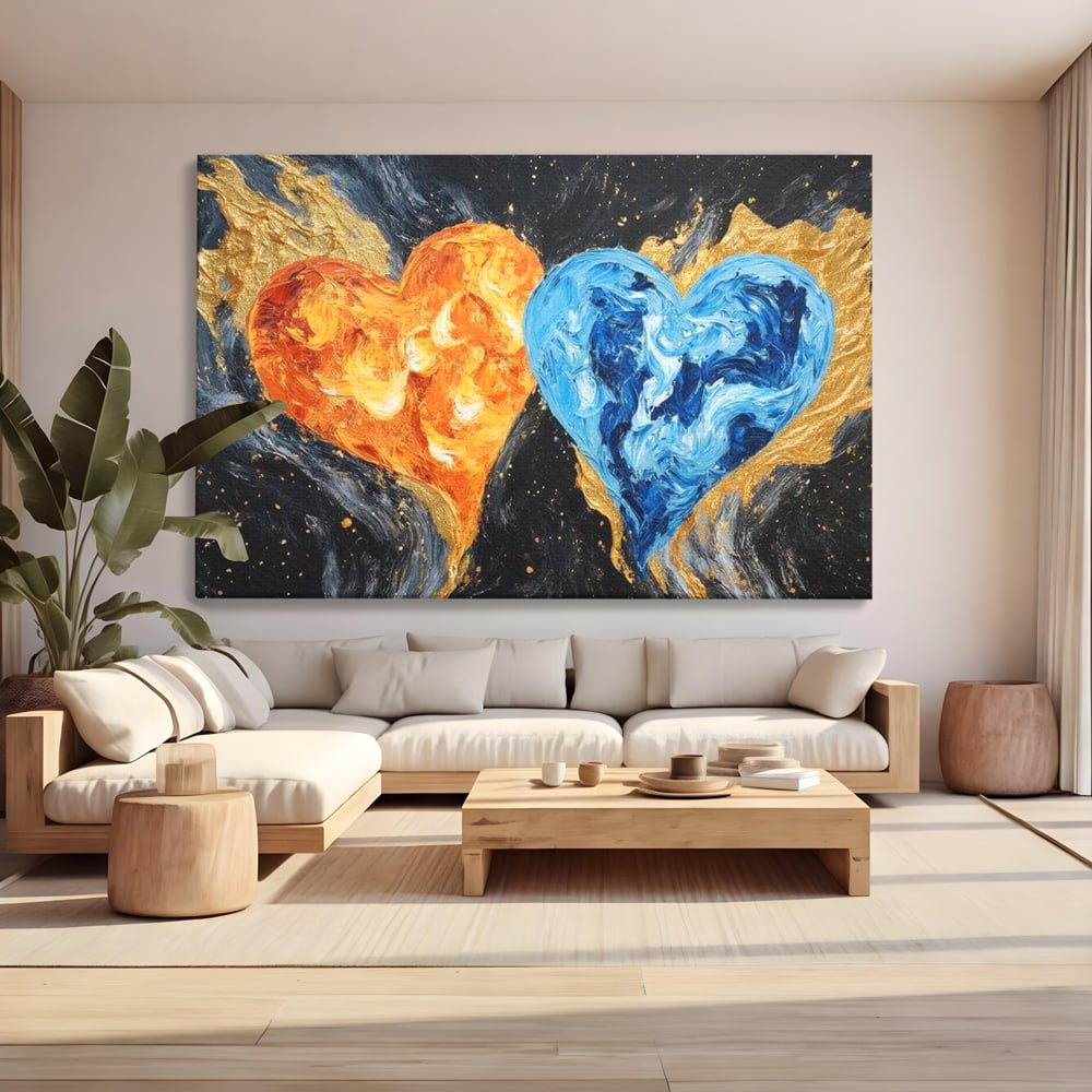 Tablou canvas cu pictura cu doua inimi simbolice, fara rama, pe sasiu de lemn, pe perete intr-un living