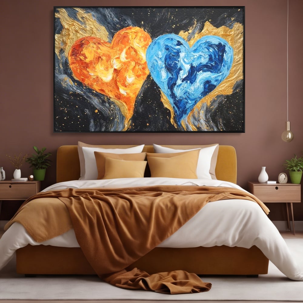 Tablou canvas cu pictura cu doua inimi simbolice, in rama de aluminiu negru, pe perete intr-un dormitor