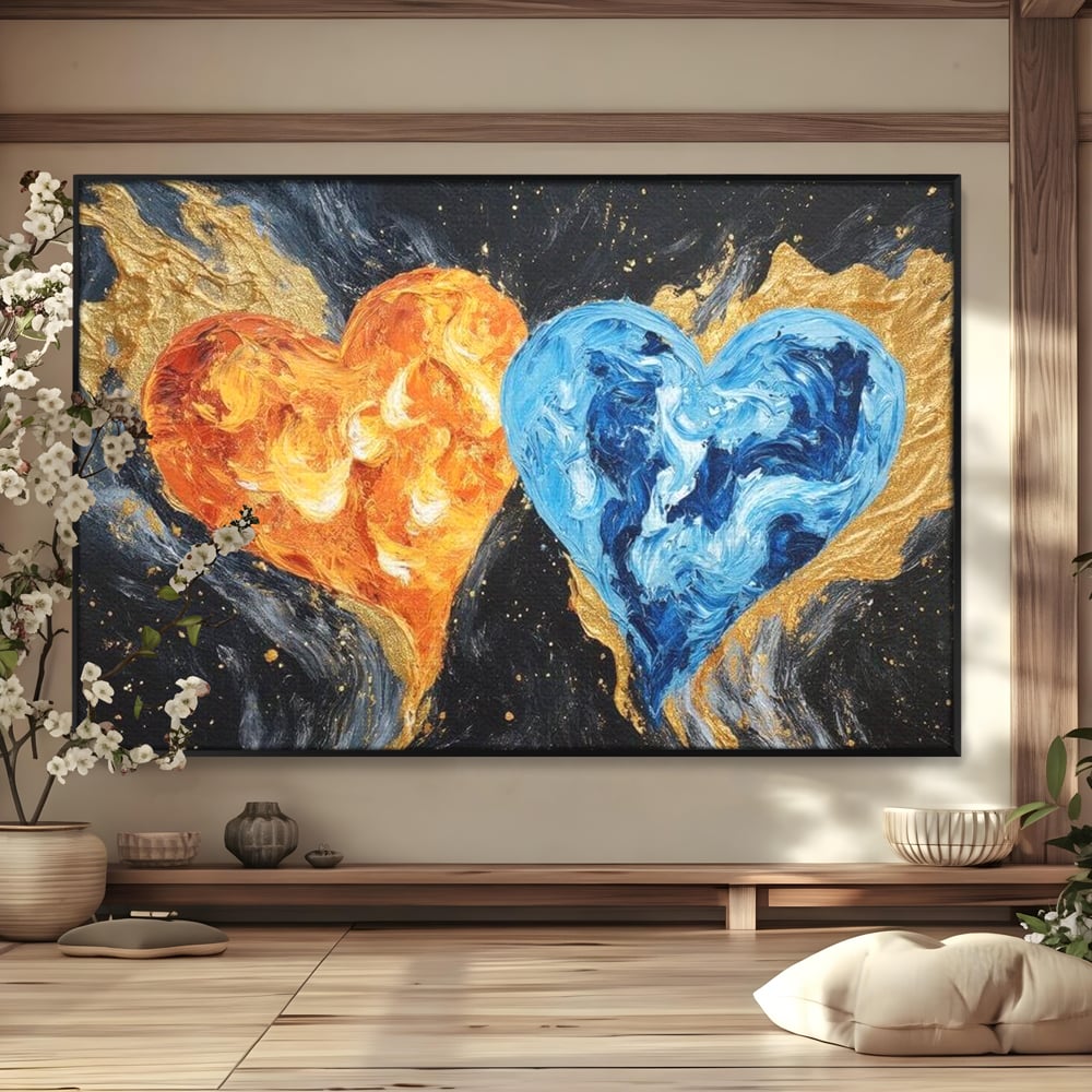 Tablou canvas cu pictura cu doua inimi simbolice, in rama de aluminiu negru
