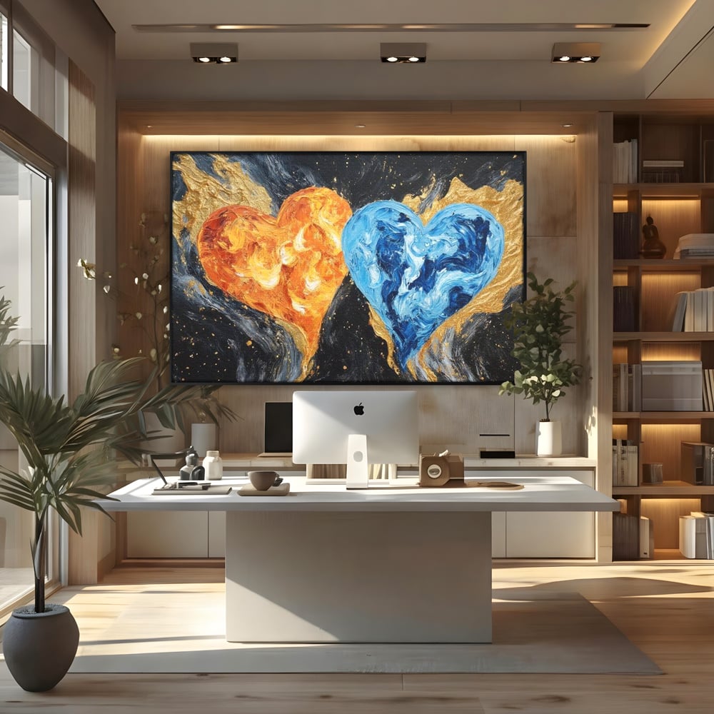 Tablou canvas cu pictura cu doua inimi simbolice, in rama de aluminiu negru, pe perete intr-un birou