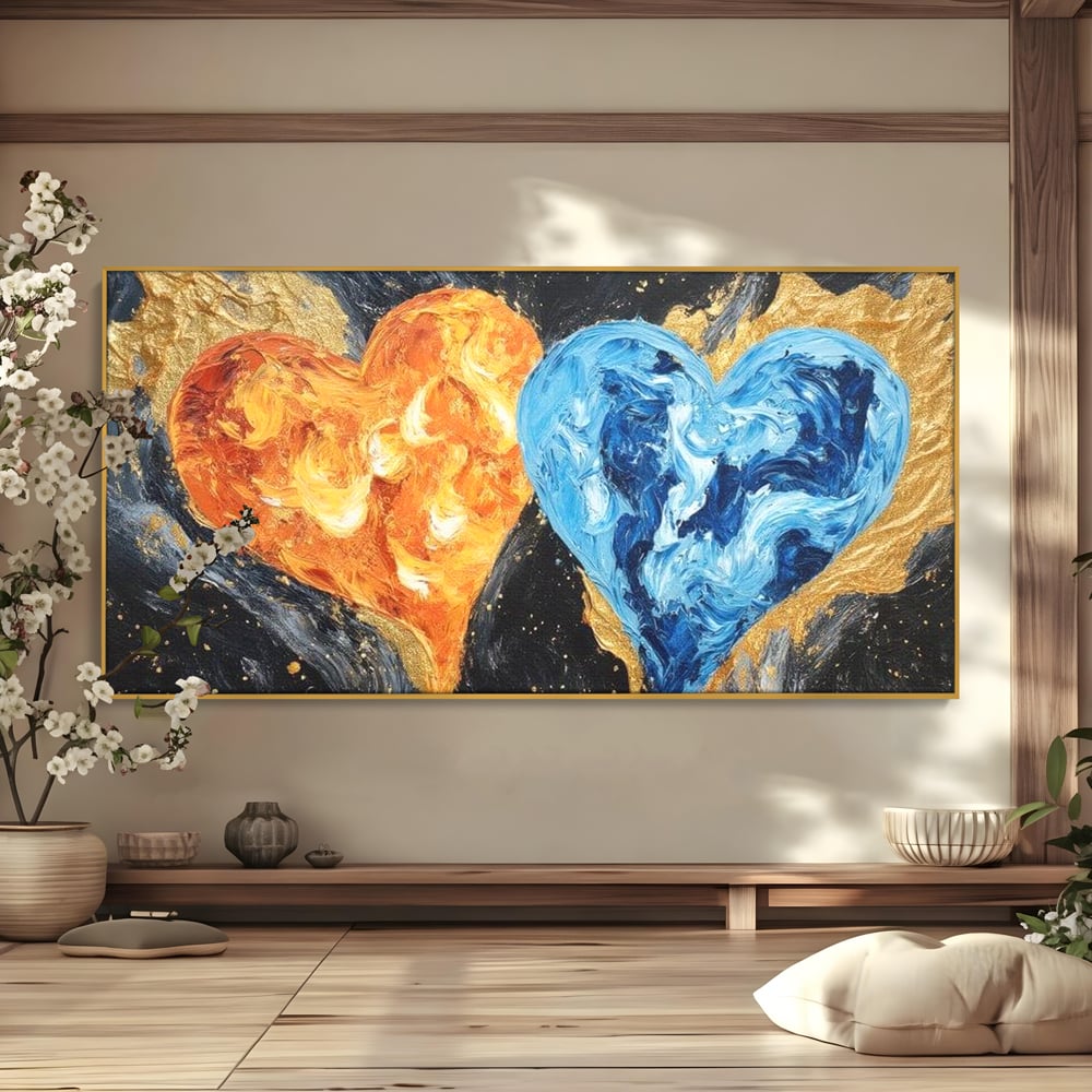 Tablou canvas cu pictura cu doua inimi simbolice, in rama de aluminiu auriu