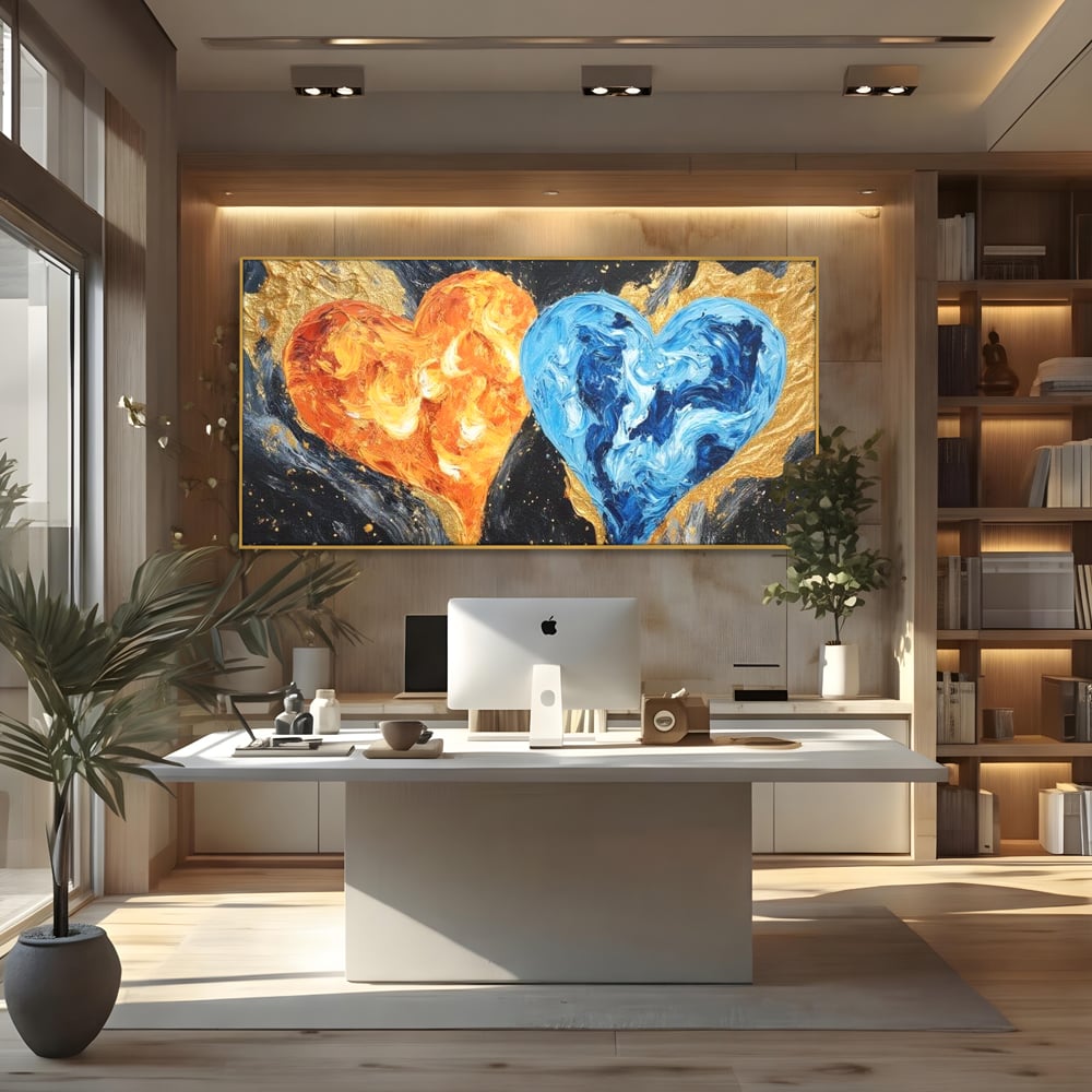 Tablou canvas cu pictura cu doua inimi simbolice, in rama de aluminiu auriu, pe perete intr-un birou