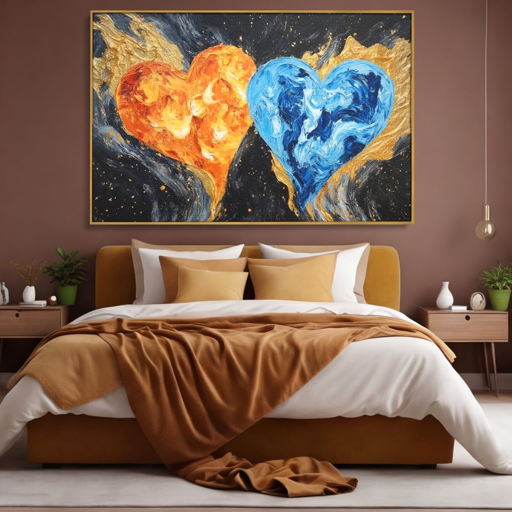 Tablou canvas cu pictura cu doua inimi simbolice, in rama de aluminiu auriu, pe perete intr-un dormitor