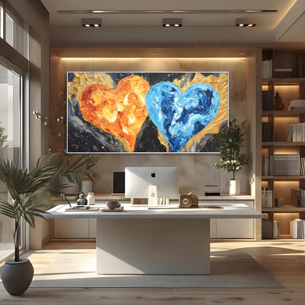 Tablou canvas cu pictura cu doua inimi simbolice, in rama de aluminiu argintiu, pe perete intr-un birou