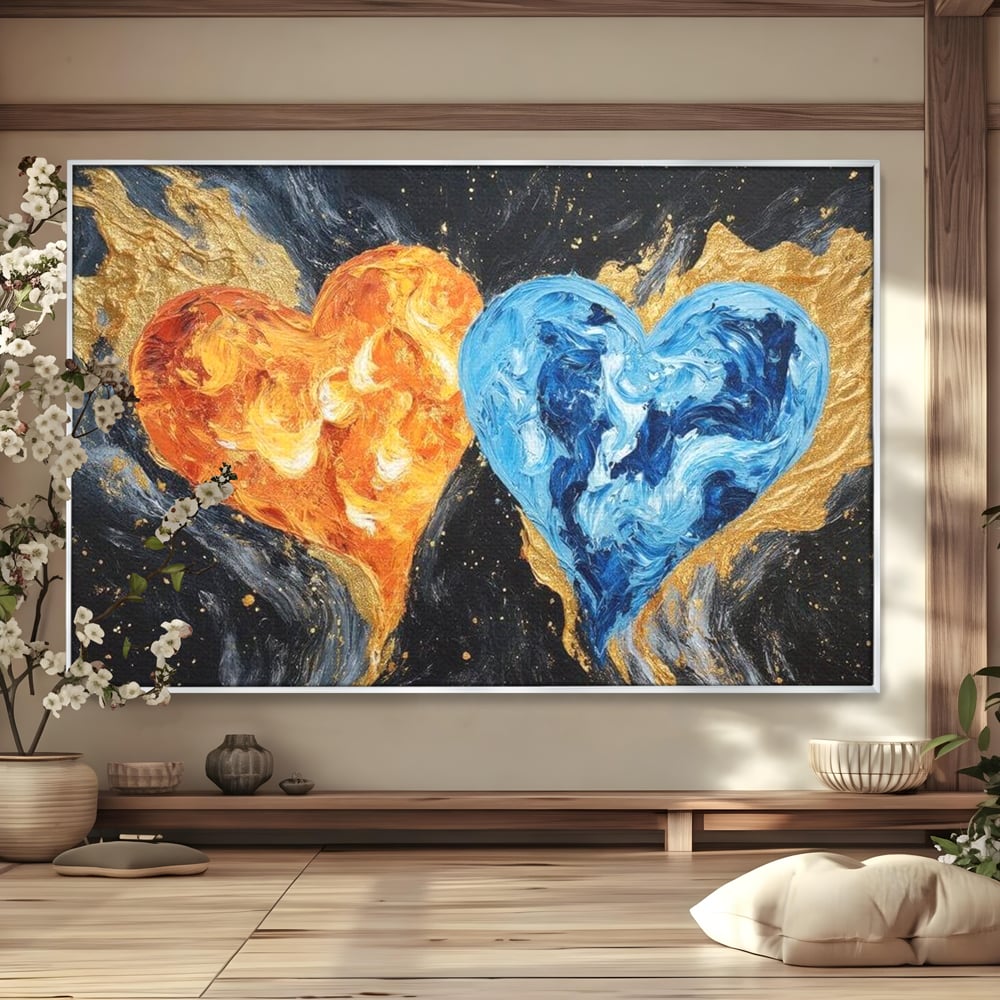 Tablou canvas cu pictura cu doua inimi simbolice, in rama de aluminiu argintiu