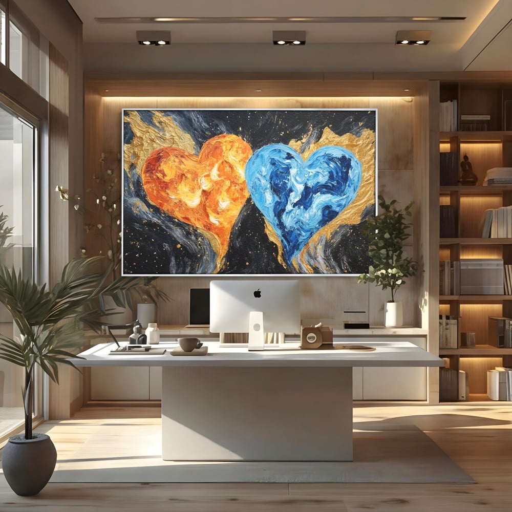 Tablou canvas cu pictura cu doua inimi simbolice, in rama de aluminiu argintiu, pe perete intr-un birou
