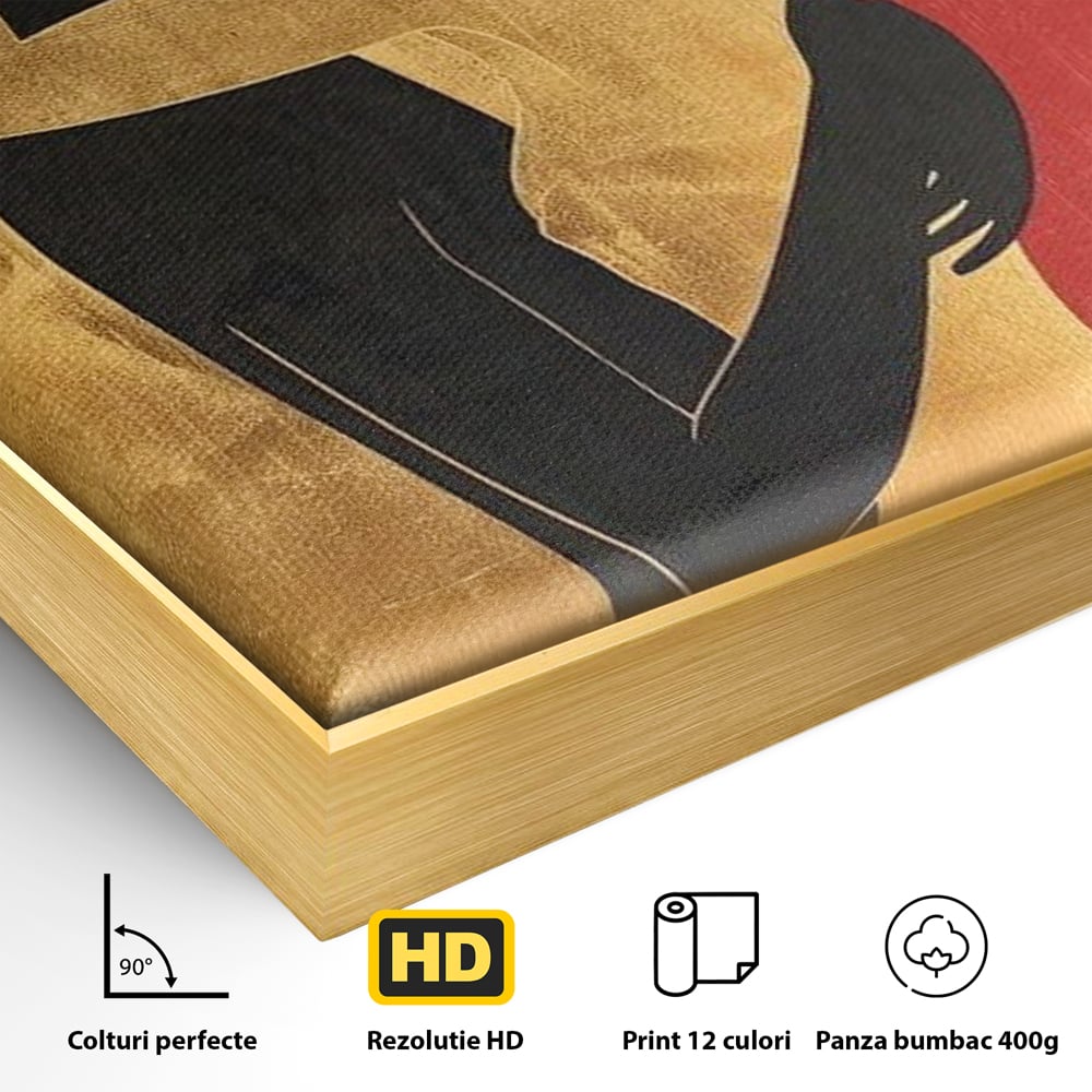 Detaliu al suprafetei: tablou canvas cu siluete in imbratisare, in rama de aluminiu auriu