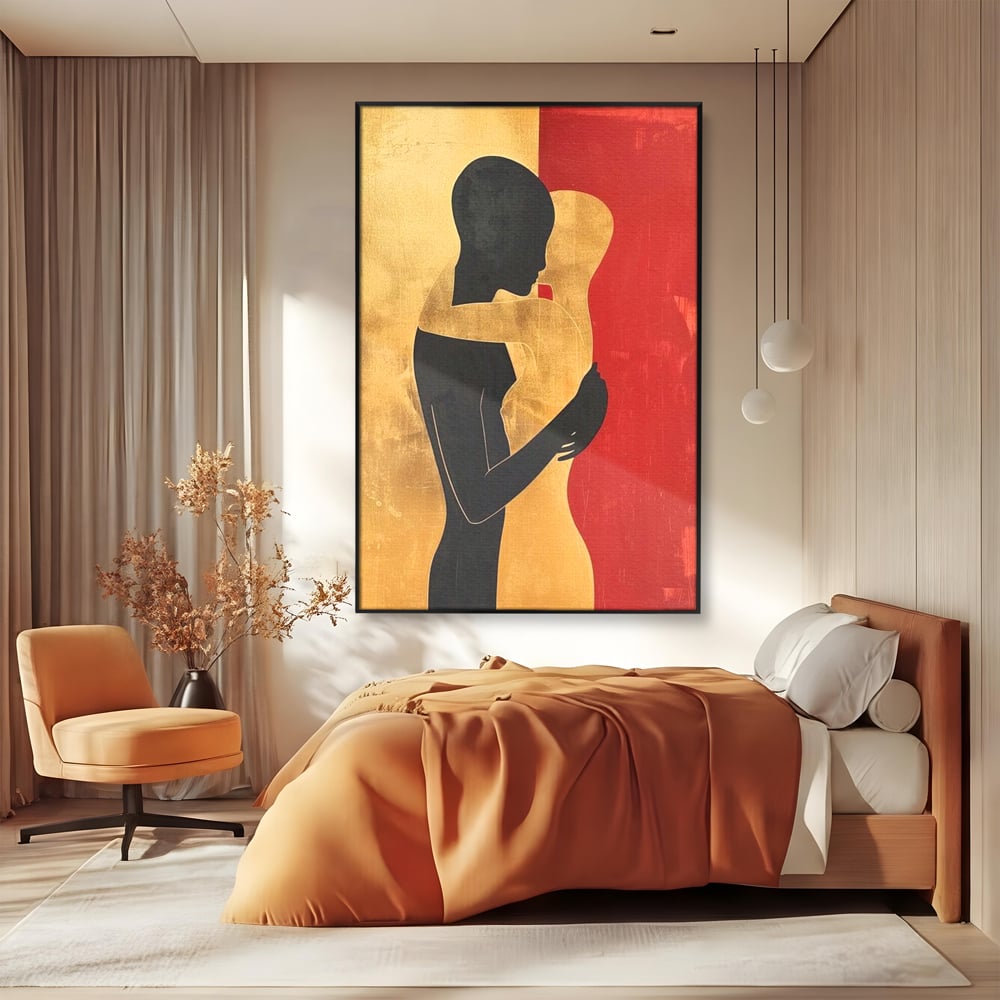 Tablou canvas cu tablou canvas cu siluete in imbratisare, in rama de aluminiu negru, pe perete intr-un dormitor