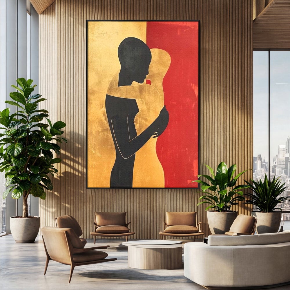 Tablou canvas cu tablou canvas cu siluete in imbratisare, in rama de aluminiu negru, pe perete intr-un birou