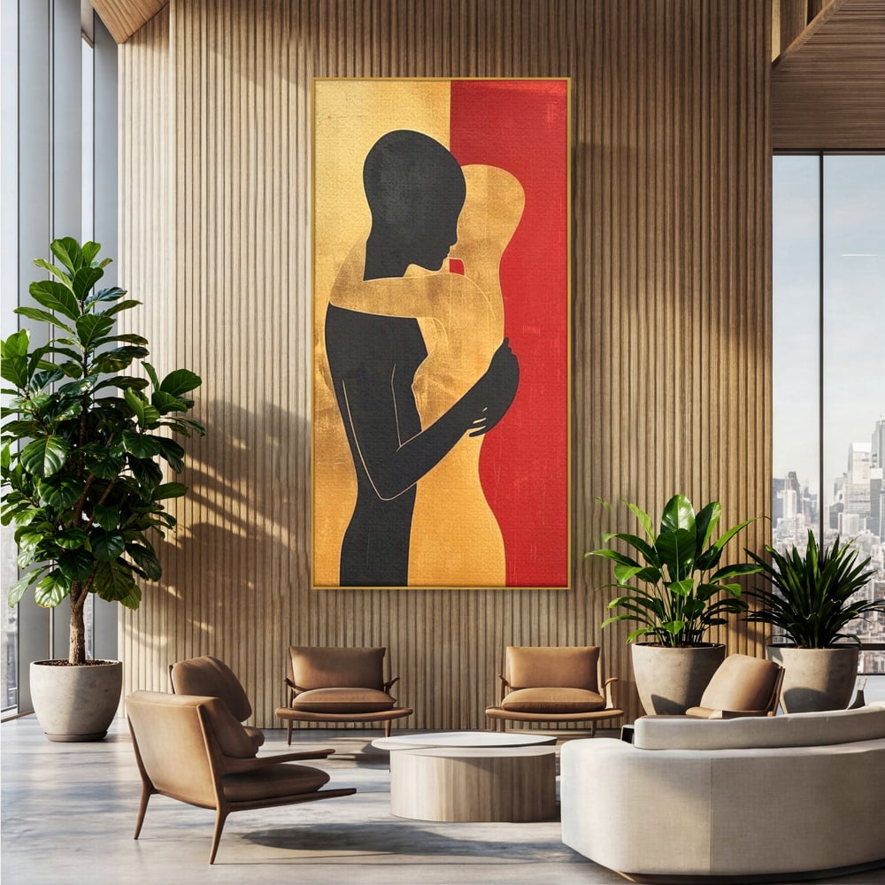 Tablou canvas cu tablou canvas cu siluete in imbratisare, in rama de aluminiu auriu, pe perete intr-un birou