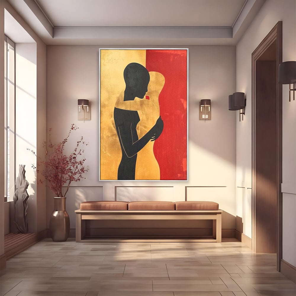 Tablou canvas cu tablou canvas cu siluete in imbratisare, in rama de aluminiu argintiu