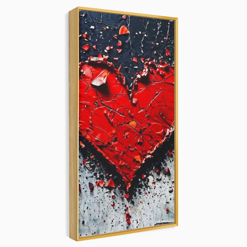 Tablou canvas cu tablou canvas cu o inima rosie crapata, in rama de aluminiu auriu
