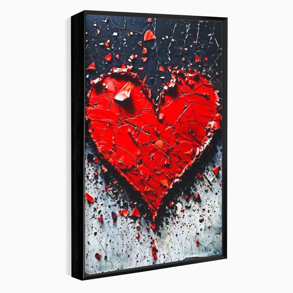 Tablou canvas cu tablou canvas cu o inima rosie crapata, in rama de aluminiu negru