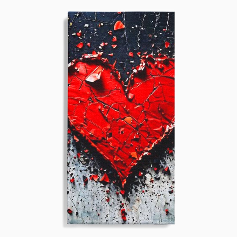 Tablou canvas cu tablou canvas cu o inima rosie crapata, fara rama, pe sasiu de lemn