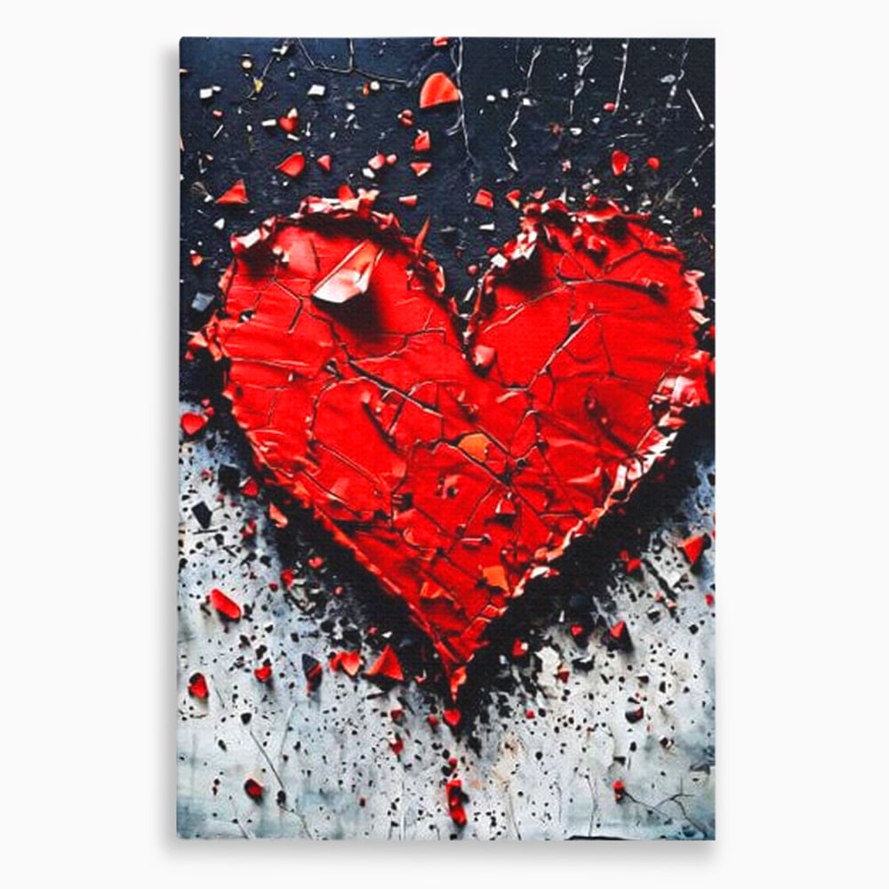 Tablou canvas cu tablou canvas cu o inima rosie crapata, fara rama, pe sasiu de lemn