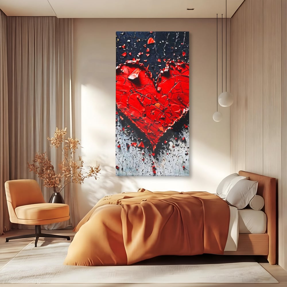 Tablou canvas cu tablou canvas cu o inima rosie crapata, fara rama, pe sasiu de lemn, pe perete intr-un dormitor