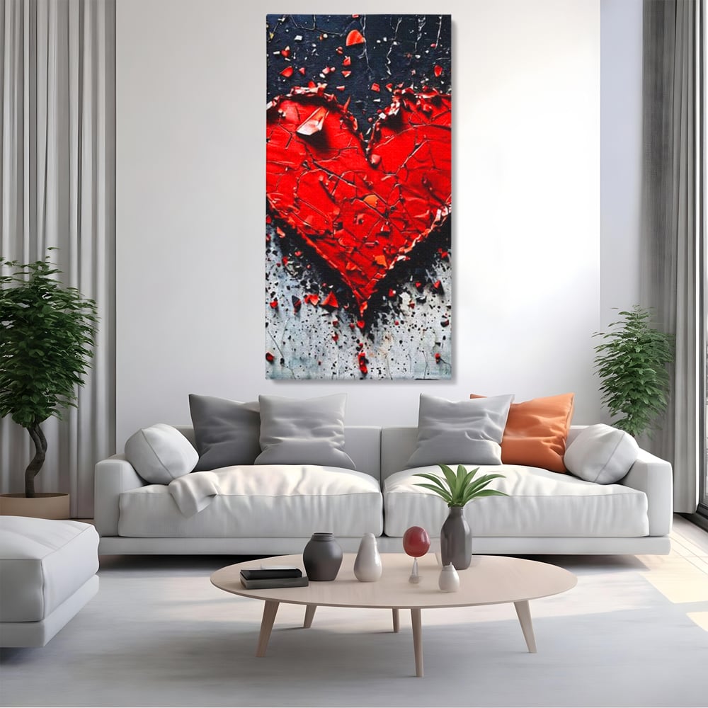 Tablou canvas cu tablou canvas cu o inima rosie crapata, fara rama, pe sasiu de lemn, pe perete intr-un living