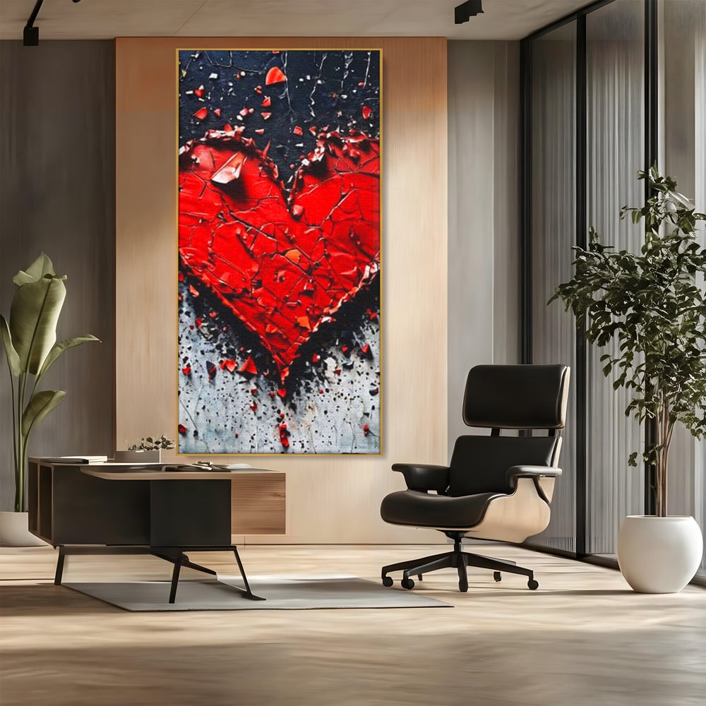 Tablou canvas cu tablou canvas cu o inima rosie crapata, in rama de aluminiu auriu, pe perete intr-un birou