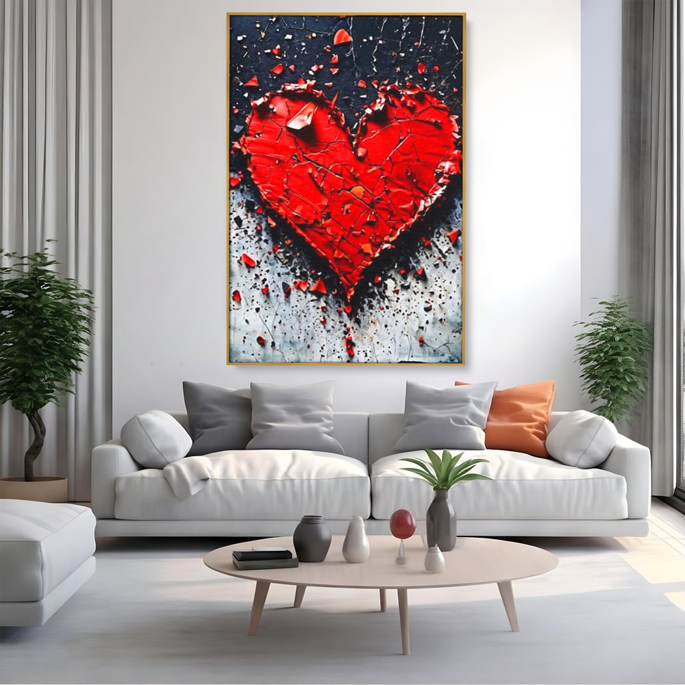 Tablou canvas cu tablou canvas cu o inima rosie crapata, in rama de aluminiu auriu, pe perete intr-un living